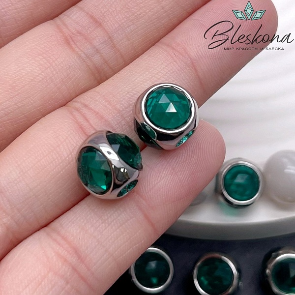 10 мм Цвет серебро, Бусина шар зеленое стекло