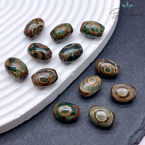 Бусина Дзи 3 глаза серо-зеленый бочонок 12*8 мм