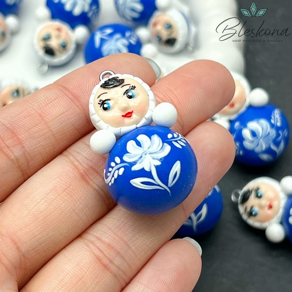 36*20,5 мм, Цвет серебро, Подвеска Неваляшка синяя белая роспись