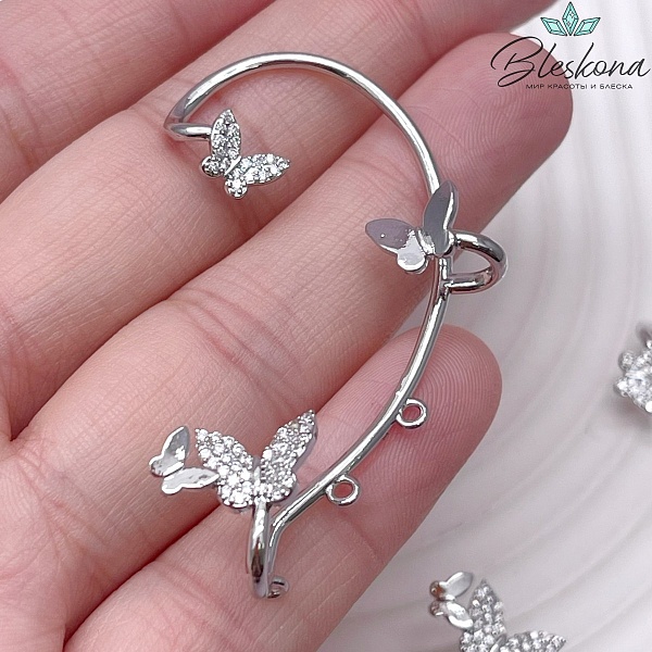 55*32 мм Цвет серебро, Кафф бабочки цирконы 