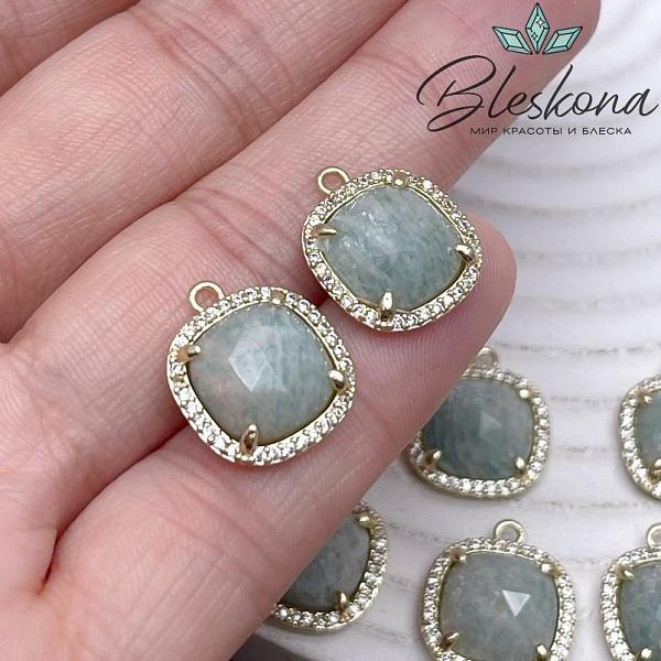 14мм, цвет серебро ,Подвеска квадрат Амазонит в обрамлении цирконы