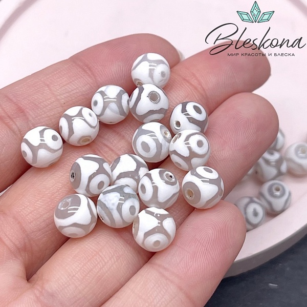 Бусина Дзи 3 глаза серо-белый шар 8 мм уп.15 шт.
