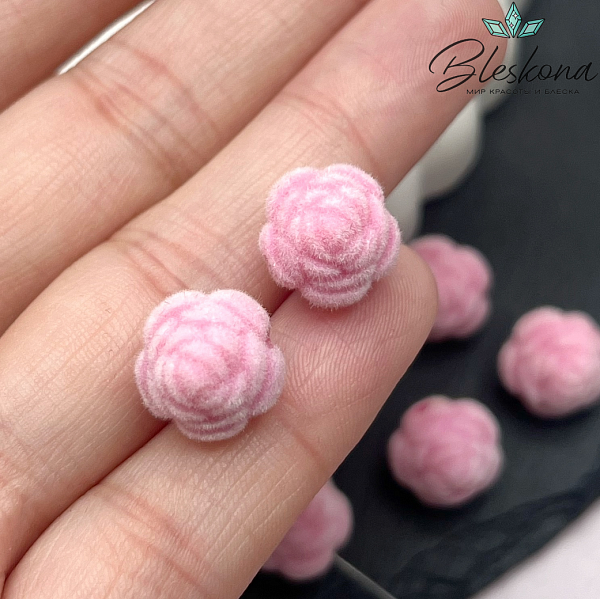 12мм Бархатная бусина Цветок - Роза, Цвет нежно-розовый