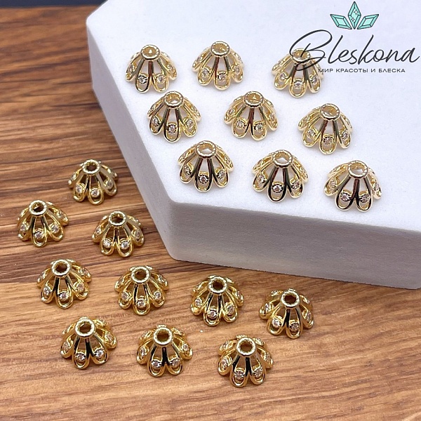 9,5 мм Цвет золото, Шапочка цветок с цирконами 