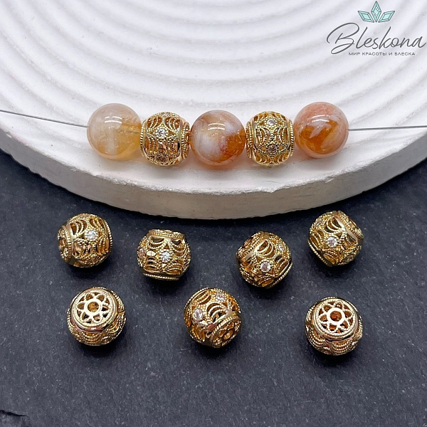 9*10 мм Цвет золото, Бусина - разделитель бочонок с цирконами