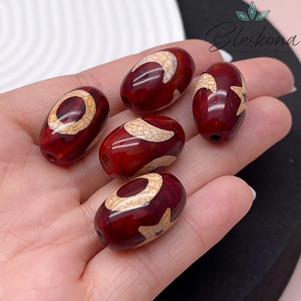 Бусина Дзи Вселенная (Небо,Звезда и Луна) бордовый бочонок 22*14 мм