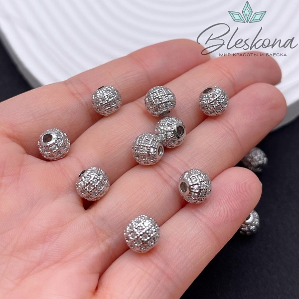 8 мм Цвет серебро, Бусина с белыми цирконами