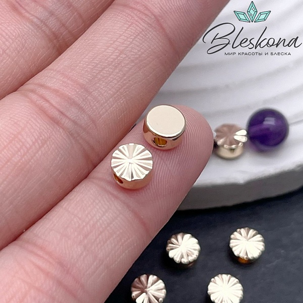 6 мм, Цвет золото, Бусина таблетка с насечками 