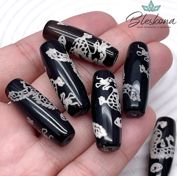 Бусина Дзи Дракон черно-белый бочонок №1 30*11 мм