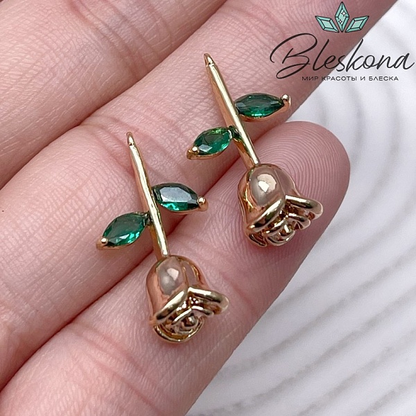 22,3*12,2 мм Цвет золото, Подвеска Роза зеленые цирконы