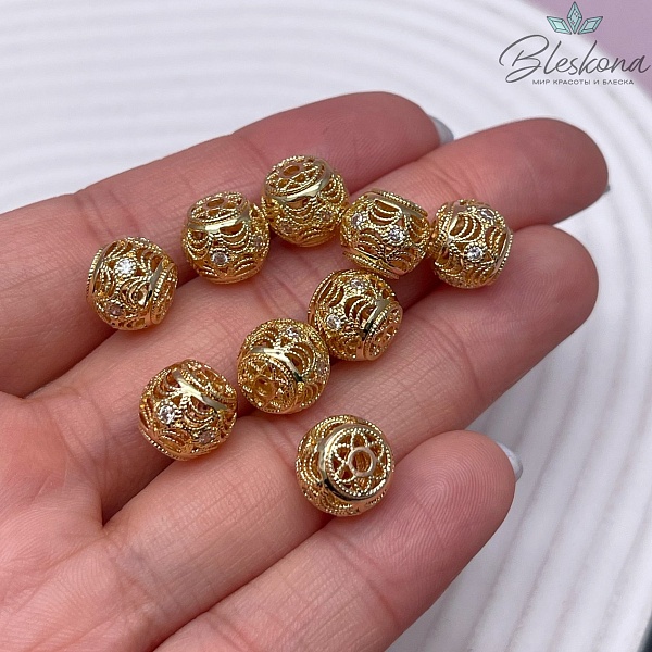9*10 мм Цвет золото, Бусина - разделитель бочонок с цирконами