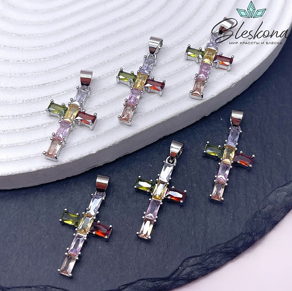 28*16 мм Цвет серебро, Подвеска крест цирконы микс