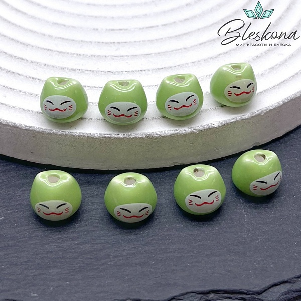 8*10 мм Керамика бусина Котик зеленый 