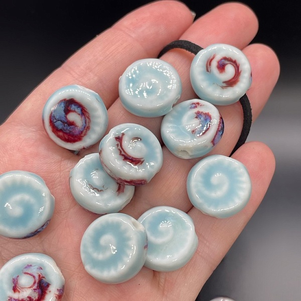 17 мм Бусина таблетка, керамика цвет голубой рисунок