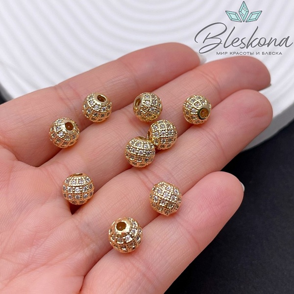 8 мм Цвет золото, Бусина с белыми цирконами 