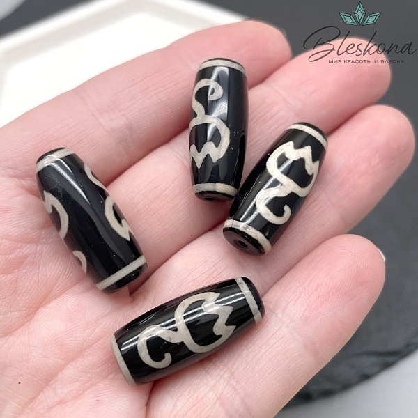 Бусина Дзи Лотос черно-белый бочонок 25*11 мм