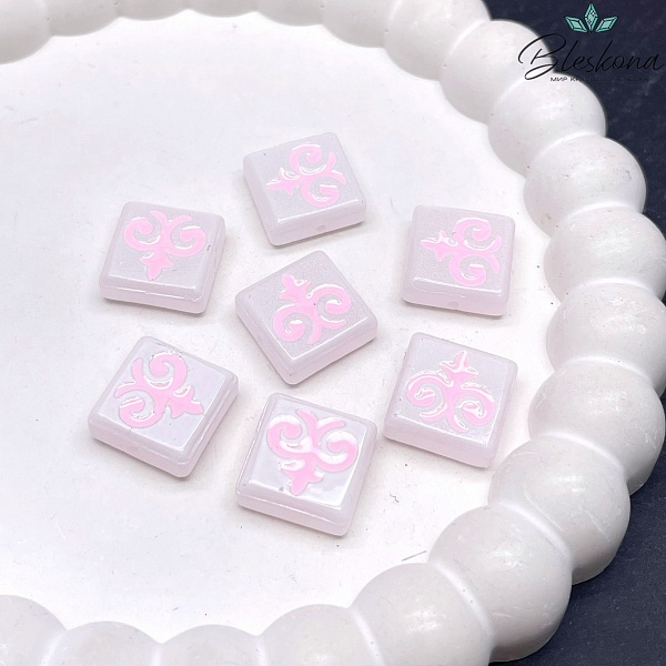 15 мм Бусина Этно квадрат белый розовый рисунок
