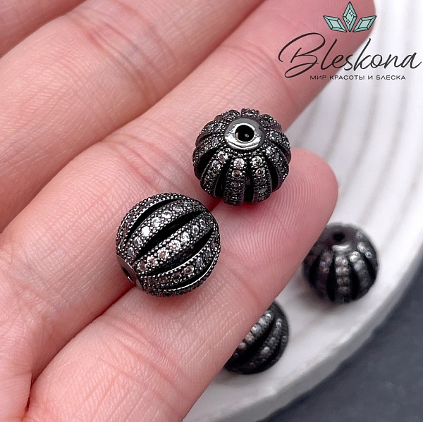 12 мм Бусина Арбуз с цирконами, цвет черный 