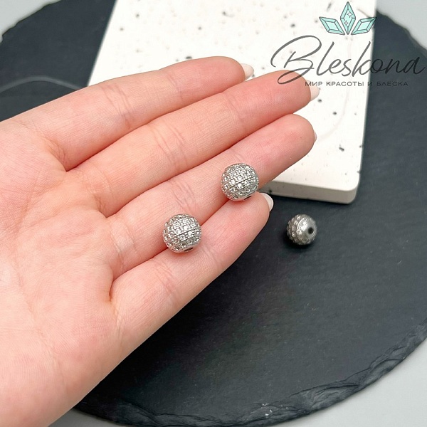 10 мм цвет серебро, Бусина с белыми цирконами 