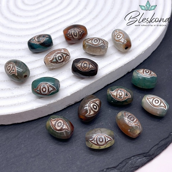 Бусина Дзи 2 глаза Феникса зелено-коричневый бочонок 10*14 мм
