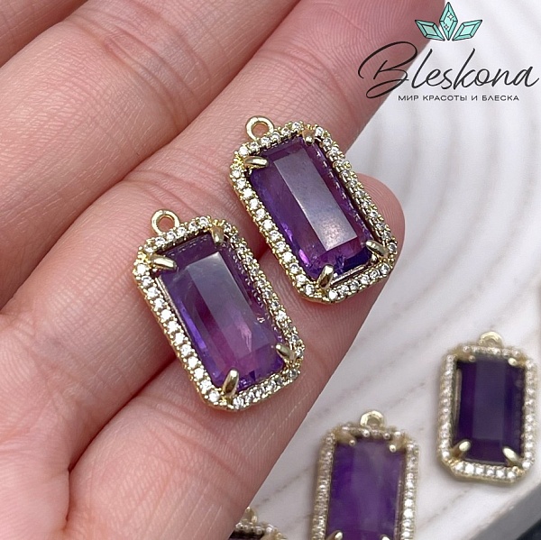 12*21мм, цвет золото ,Подвеска Прямоугольник Аметист в обрамлении цирконы