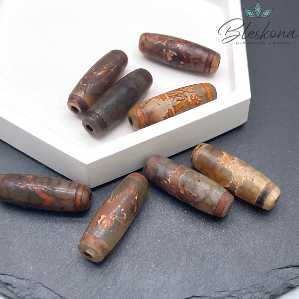 Бусина Дзи Дракон серо-коричневый бочонок 30*11 мм