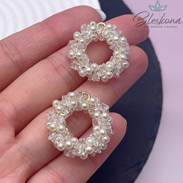 25 мм Цвет золото,  Подвеска бублик из бисера с чешским стеклом