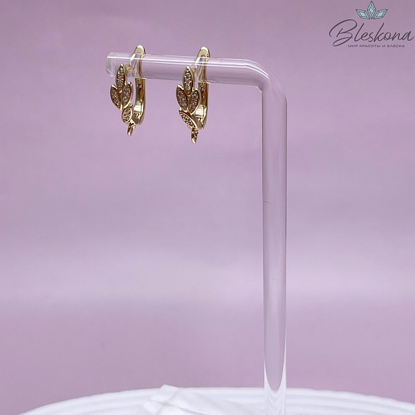 16*5 мм Цвет золото, Швензы листочки с цирконами Люкс