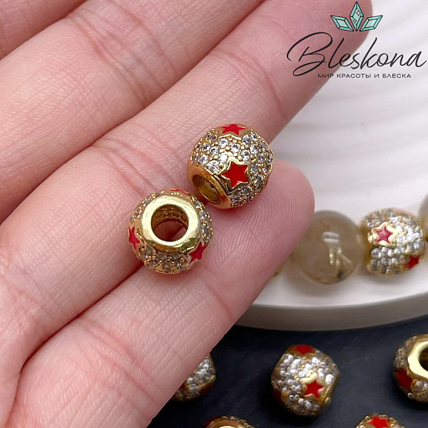9*10 мм Цвет золото, Бусина бочонок звезды цирконы красная эмаль