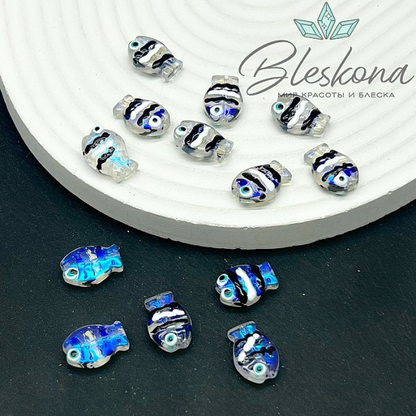 14*10 мм  Бусина рыбка прозрачная с синим переливом