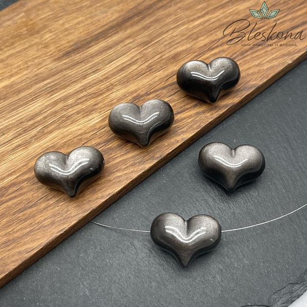 Бусина Сердце Обсидиан серебристый 18,5*26 мм