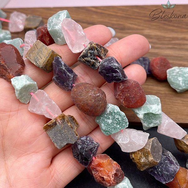 Микс куски розовый кварц, авантюрин, сердолик, аметист, тигровый глаз (15-20)*(9-16) мм