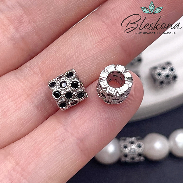 7*7,5 мм Цвет серебро, Бусина цилиндр черные цирконы