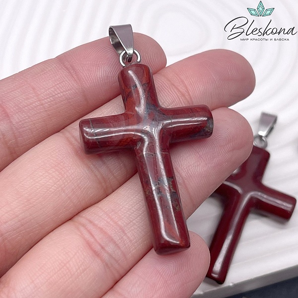 Подвеска крест Яшма огненная, цвет серебро 44*28 мм