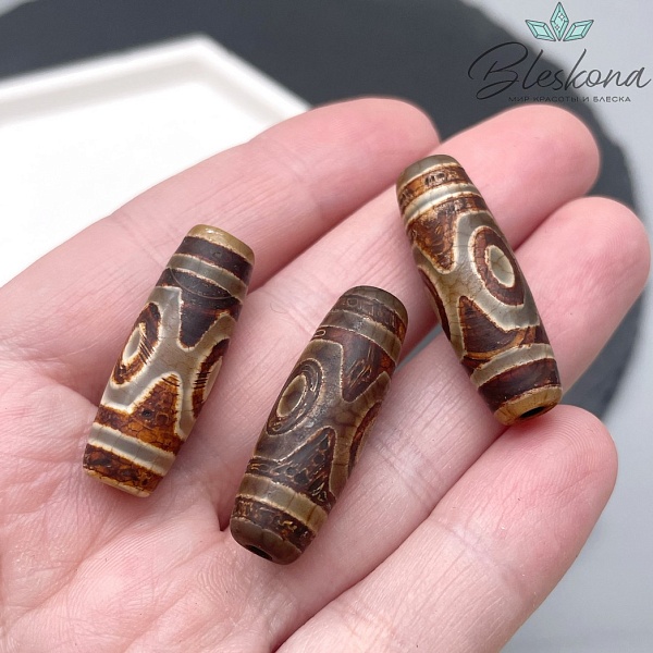 Бусина Дзи 3 глаза серо-коричневый темный бочонок 30*11 мм