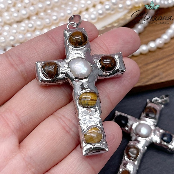 38*65 мм Цвет серебро, Подвеска крест Жемчуг, Тигровый Глаз в обрамлении
