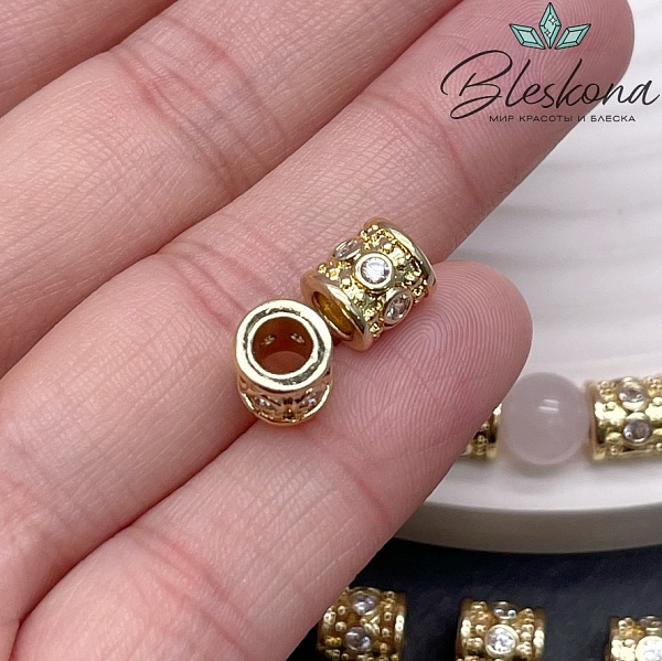 7,7*7,2 мм Цвет золото, Бусина Цилиндр с цирконами