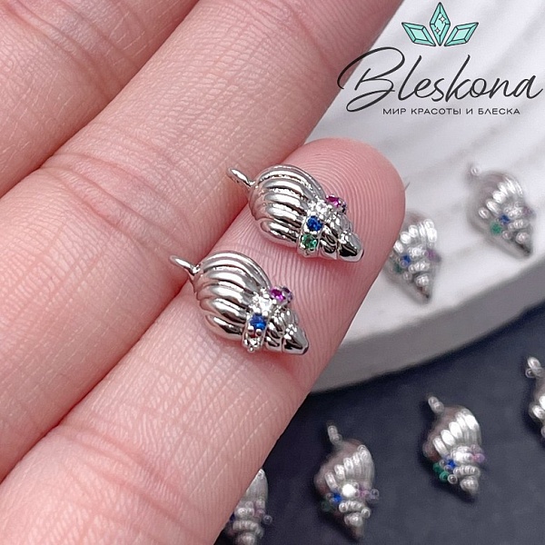 13,5*6,5 мм Цвет серебро, Подвеска ракушка цирконы микс