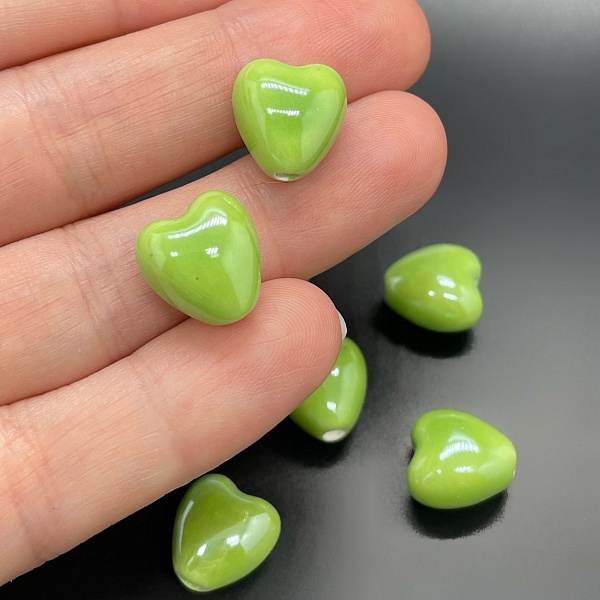 12 мм Бусина сердце, керамика цвет салатовый