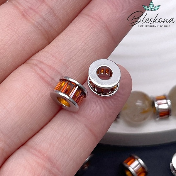 8*5 мм Цвет серебро, Бусина - разделитель оранжевый циркон