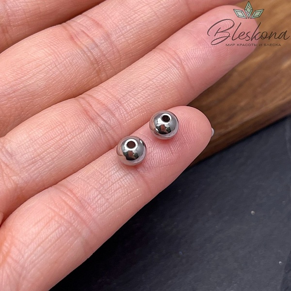 Бусина сталь круглая гладкая, цвет серебро 6 мм уп.10 шт