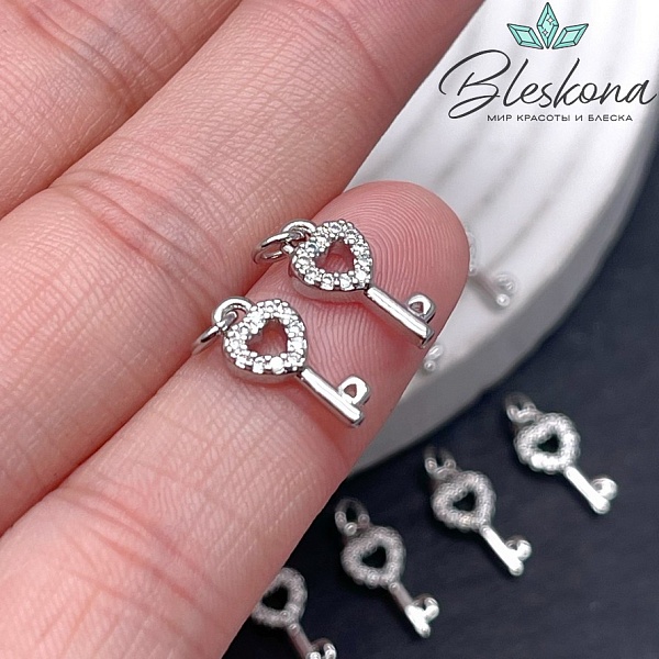 12*6 мм Цвет серебро, Подвеска Ключ сердце с цирконами мини