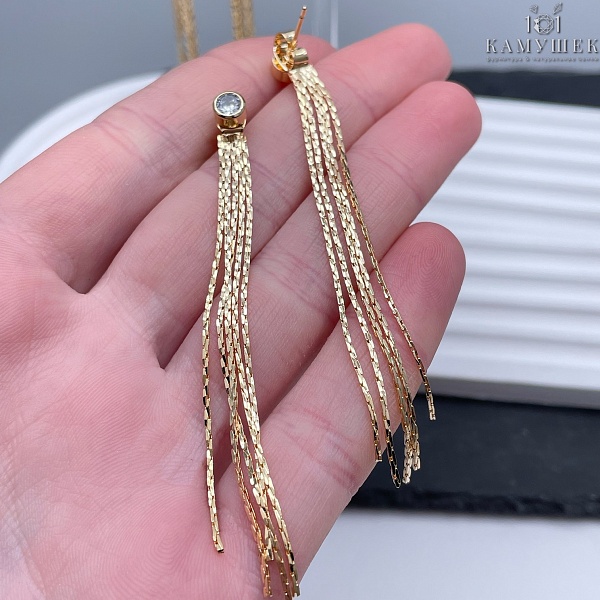 Пусеты шторки циркон, цвет золото 80*5 мм