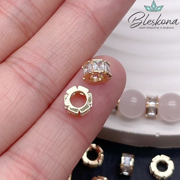 6,6*3,5 мм Цвет золото, Бусина-разделитель цирконы 