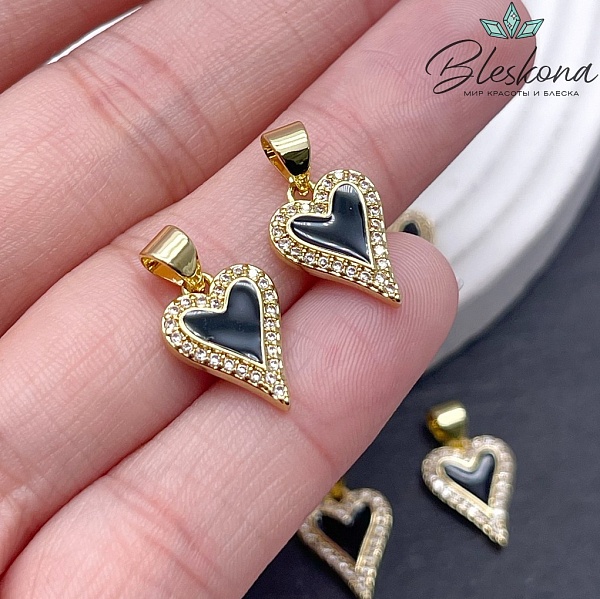 14*10,5 мм Цвет золото, Подвеска Сердце черная эмаль, цирконы 