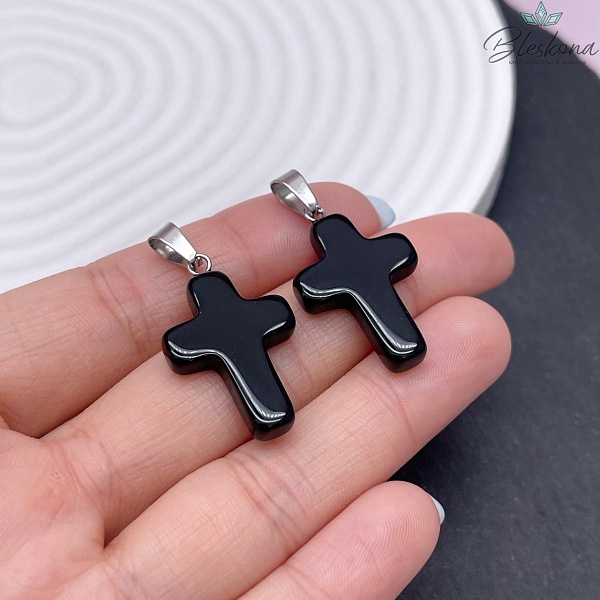 Подвеска крест Агат черный, цвет серебро 26*18 мм