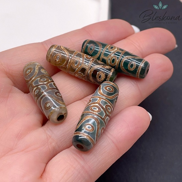 Бусина Дзи 14 глаз зелено - коричневый бочонок 30*11 мм