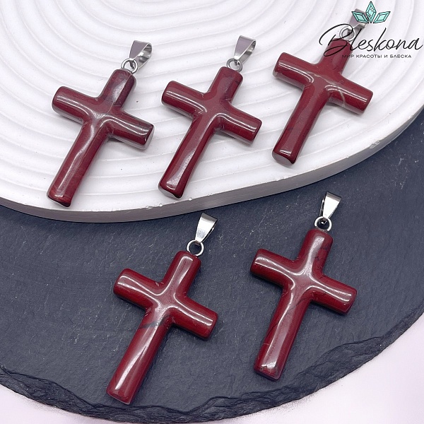 Подвеска крест Яшма огненная, цвет серебро 44*28 мм