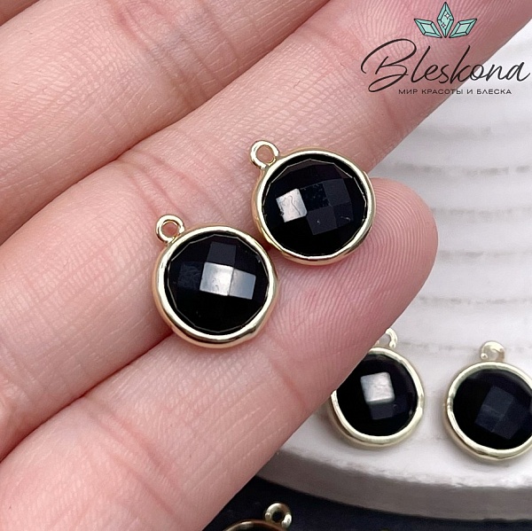 10,5мм, цвет золото ,Подвеска круг мини Черный агат огранка