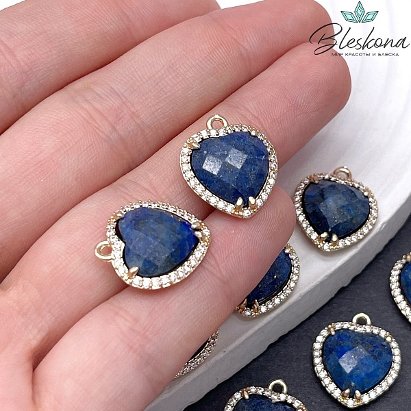 16*18мм ,цвет золото, Подвеска Сердце в обрамлении Лазурит огранка цирконы